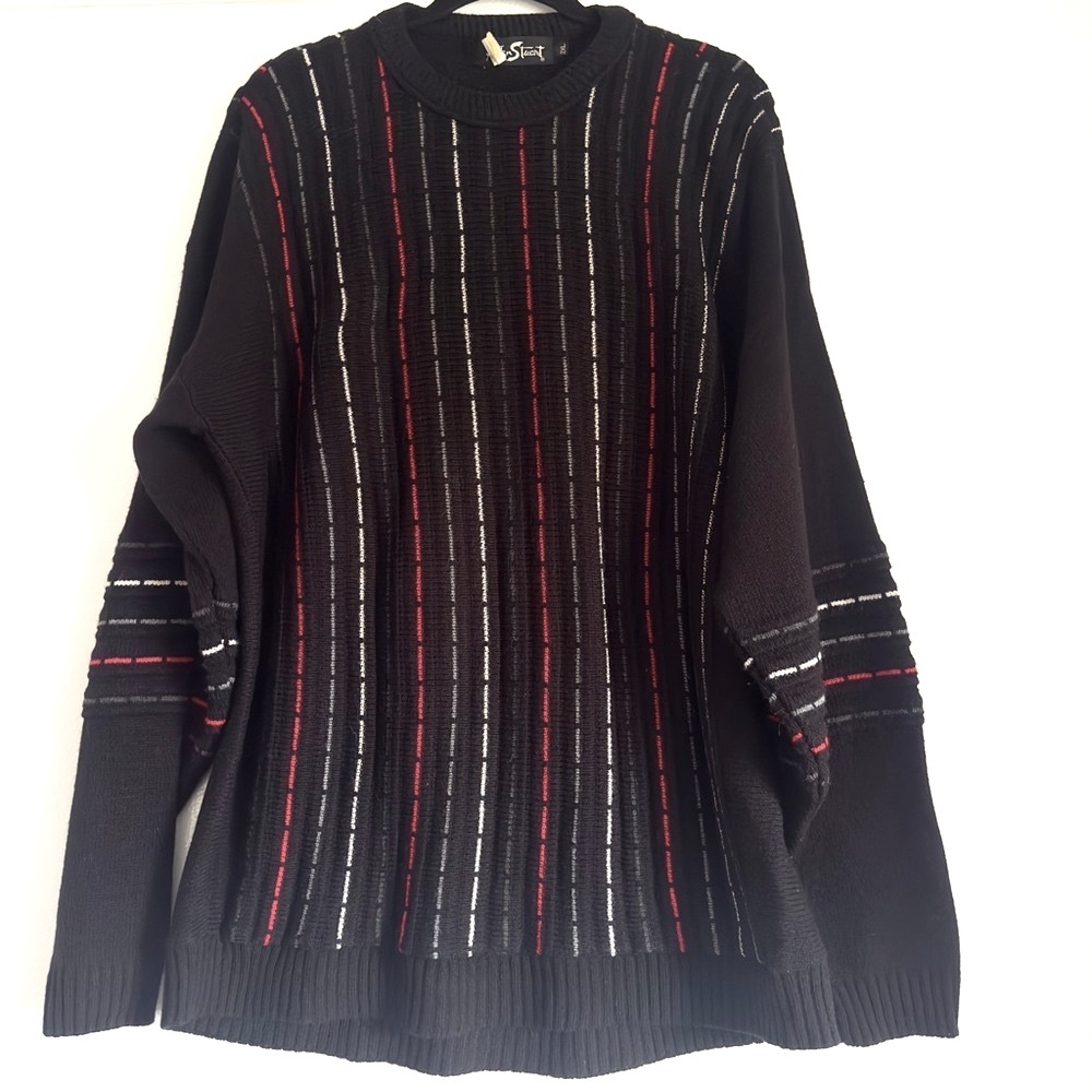 Vintage Alan Stuart Black Knit Men’s Sweater Size 2XL 3D Stripe Preppy